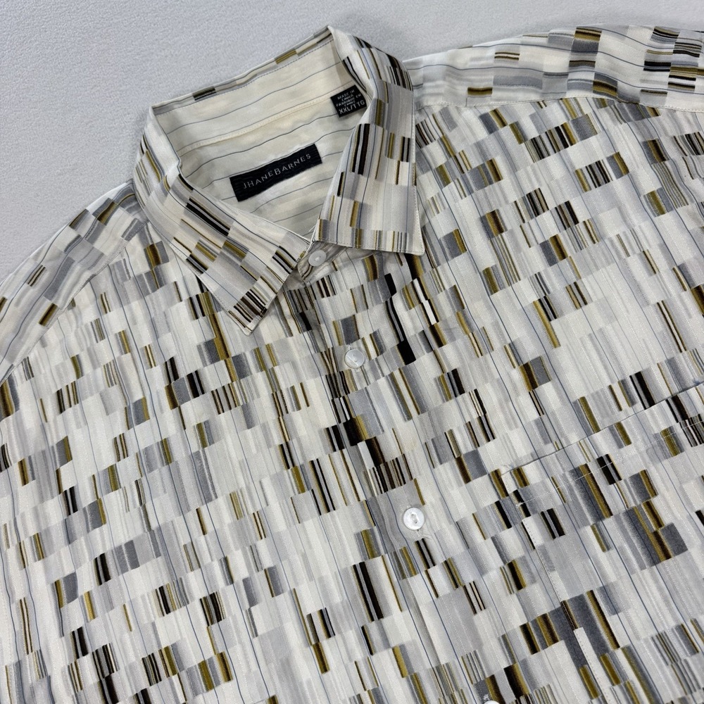 Jhane Barnes Shirt Mens XXL Ivory Geometric Cotton Silk Short Sleeve Button Up
